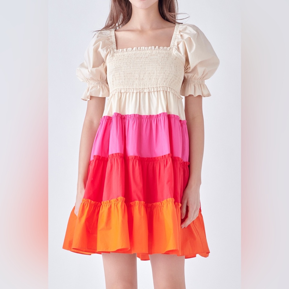 ENGLISH FACTORY Colorblock Smocked Puff Sleeve Mini Dress New With Tags - Picture 2 of 16